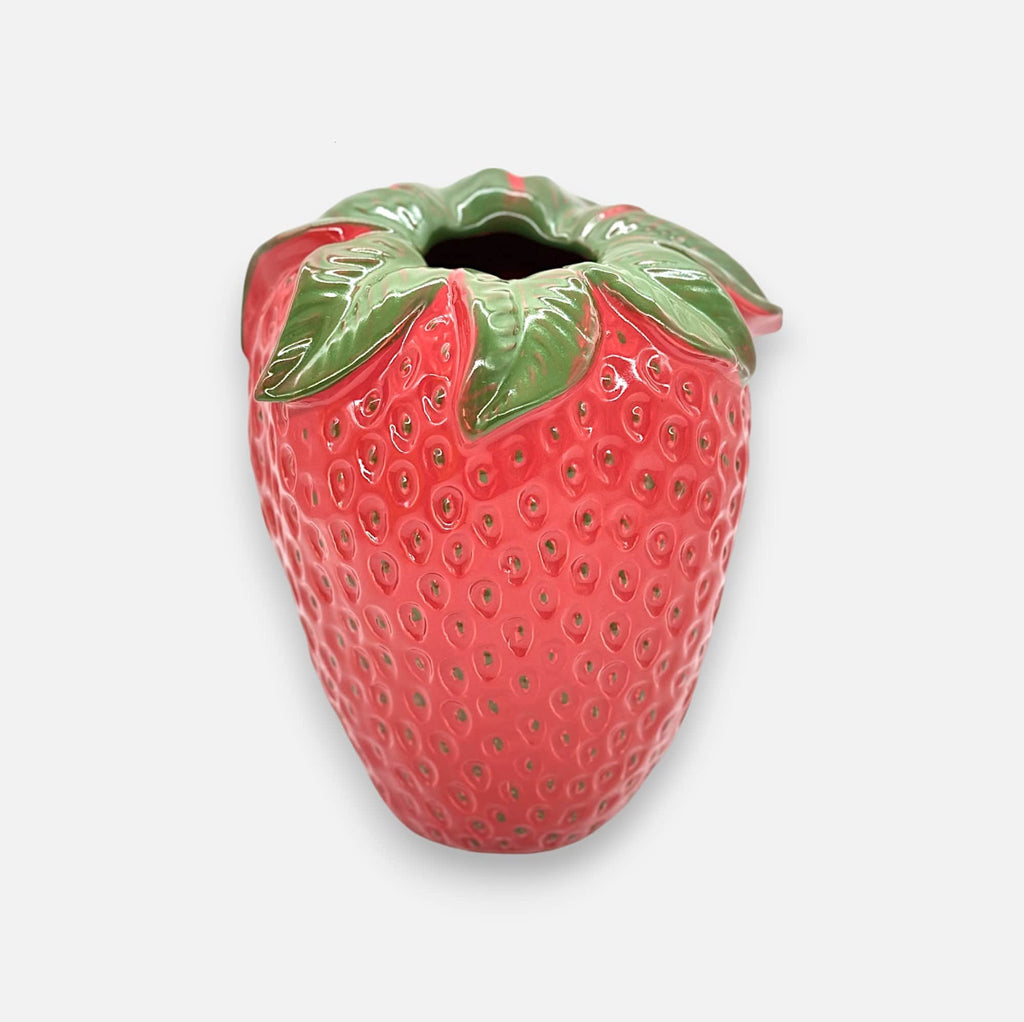 Erdbeervase, Dekovase aus Keramik Rot mit Erdbeeren Motiv H 29cm x Ø 24cm x Öffnung 7cm | Fraise Vasen von EDG