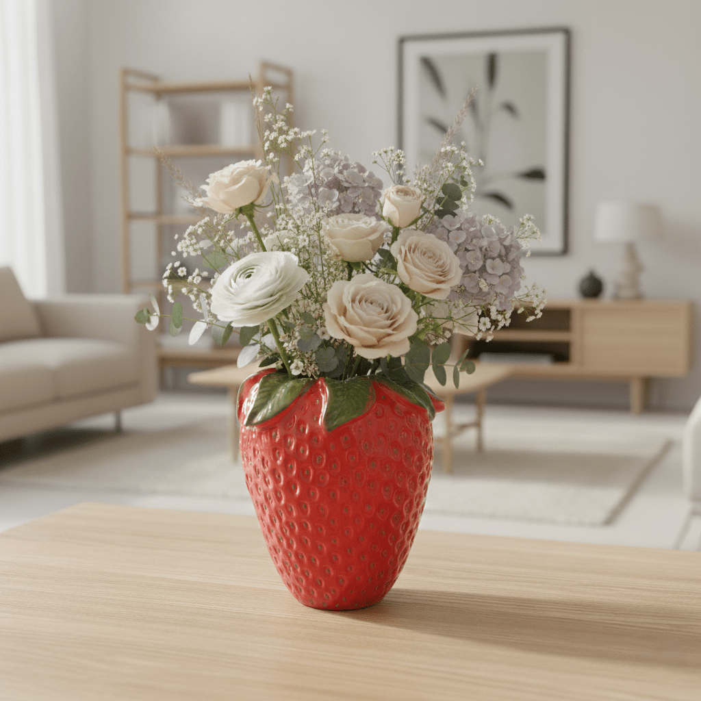 Erdbeervase, Dekovase aus Keramik Rot mit Erdbeeren Motiv H 29cm x Ø 24cm x Öffnung 7cm | Fraise Vasen von EDG