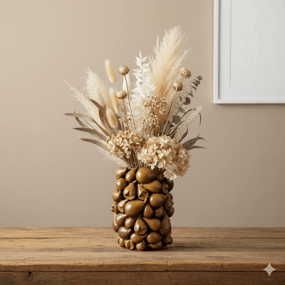 Feigenvase, Dekovase aus Keramik, gelb-braun, glänzend, mit Feigenmotiv, H 32,5 cm × Ø 23,5 cm, von Light & Living