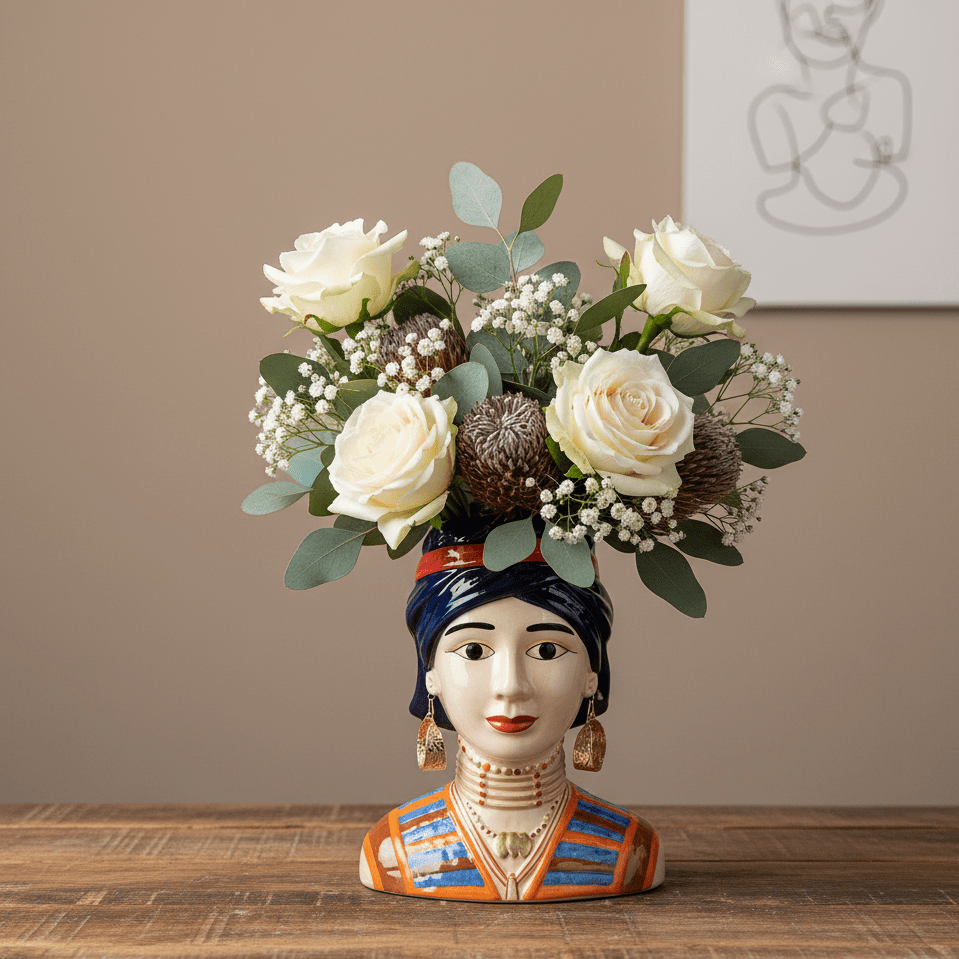 Frauenkopfvase, Dekovase aus Keramik handbemalt Frauenbüste blau H 30cm x Ø 24cm x 16cm | Dayana Vasen von EDG