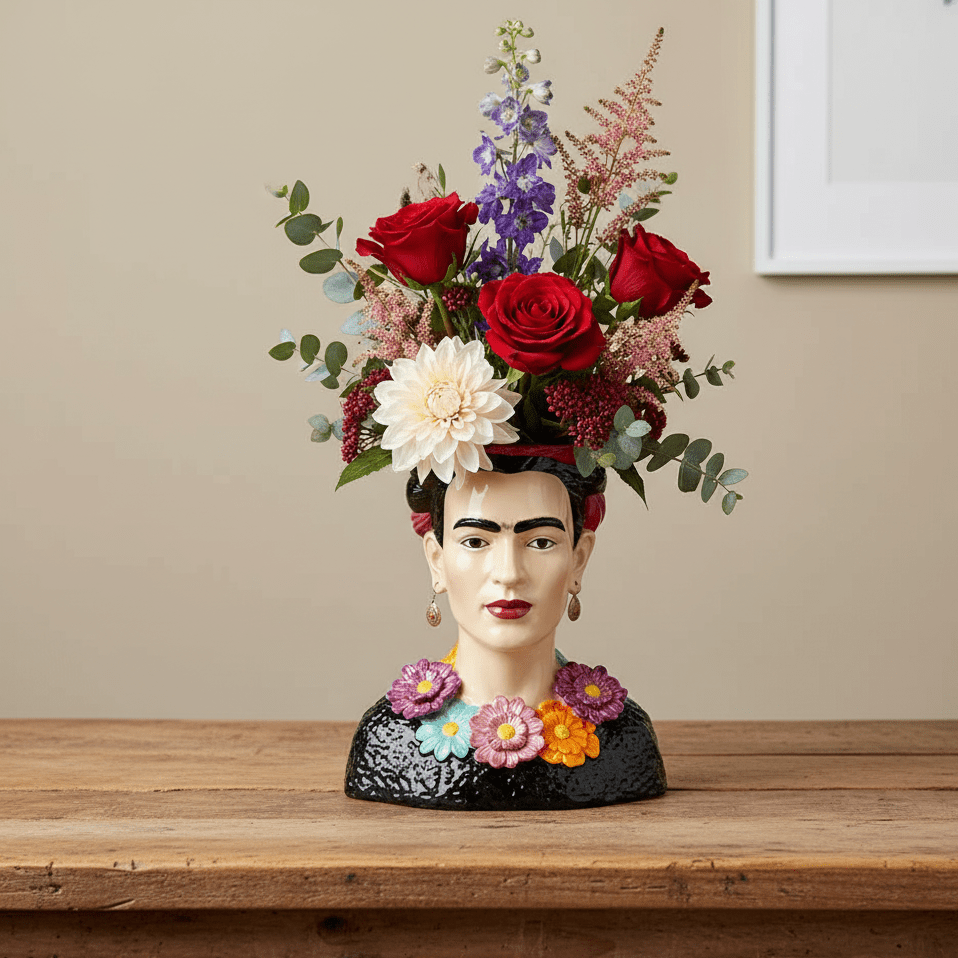 Frauenkopfvase, Dekovase aus Keramik handbemalt Frauenbüste Frida Kahlo H 34cm x Ø 29cm x 19cm | Frida Vasen von EDG