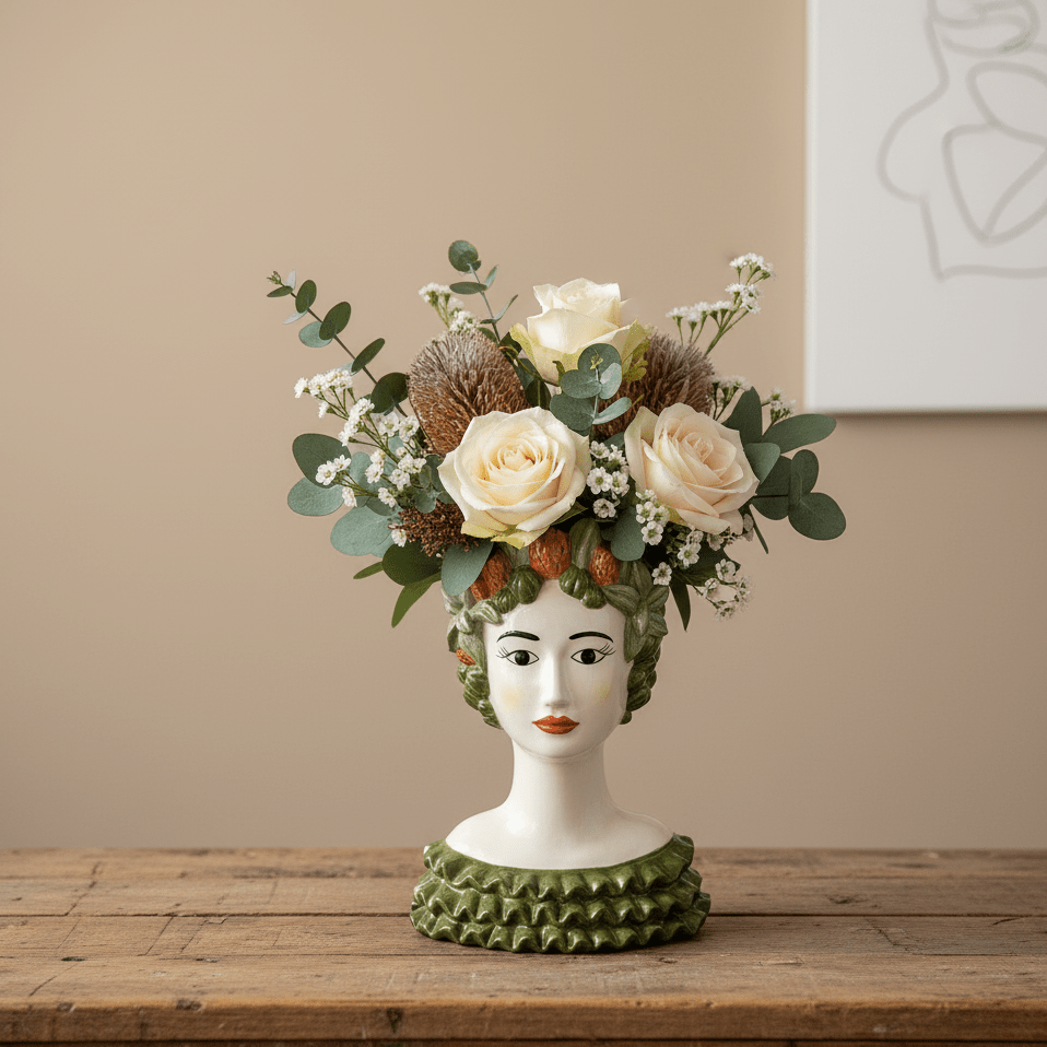 Frauenkopfvase, Dekovase aus Keramik handbemalt Frauenbüste grün H 35cm x 26cm x 16cm | Verdiana Vasen von EDG
