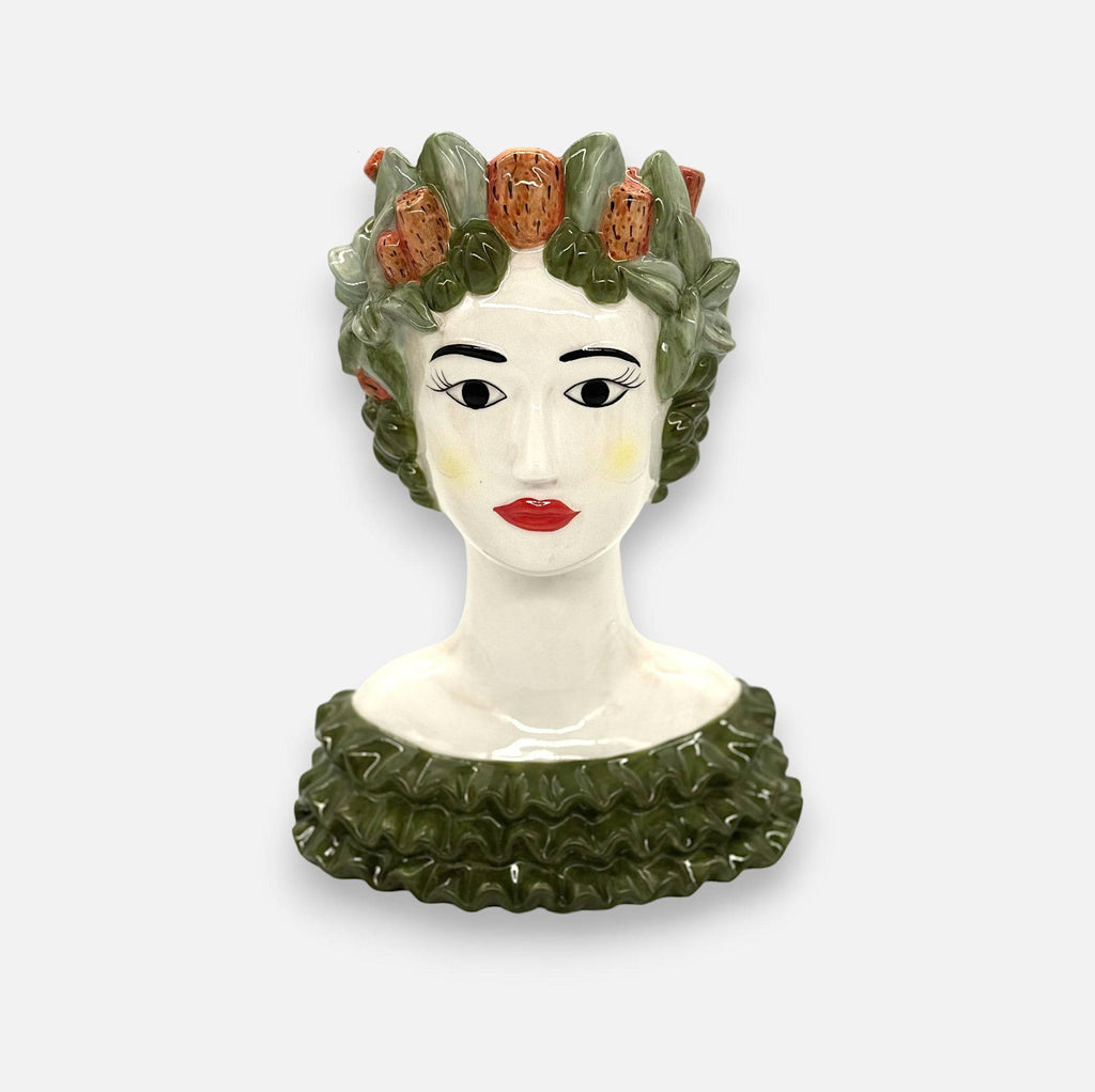 Frauenkopfvase, Dekovase aus Keramik handbemalt Frauenbüste grün H 35cm x 26cm x 16cm | Verdiana Vasen von EDG