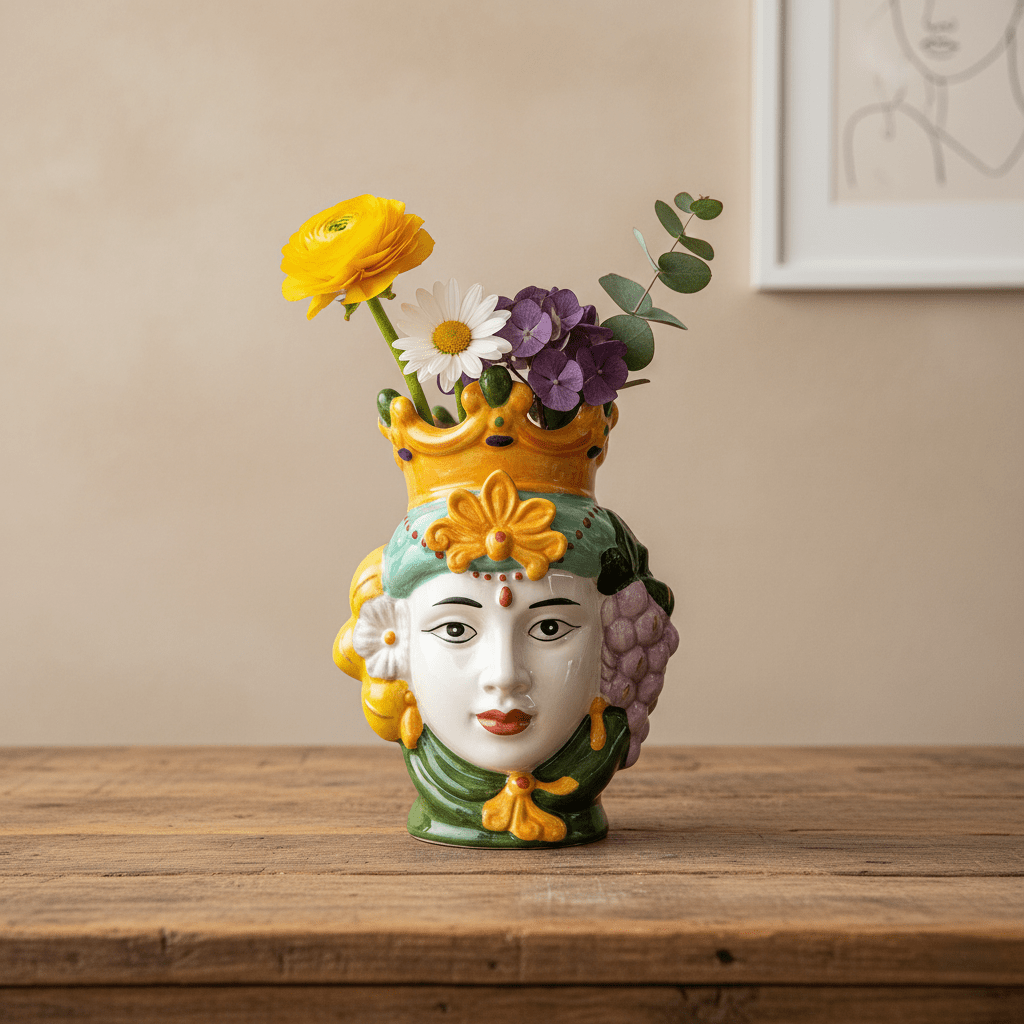 Frauenkopfvase, Dekovase aus Keramik handbemalt Frauenbüste mehrfarbig H 17cm x Ø 9cm | Elle Vasen von EDG