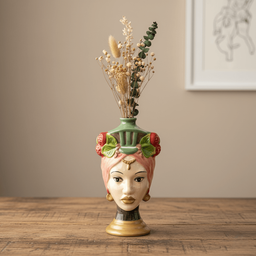 Frauenkopfvase, Dekovase aus Keramik, handbemalt, Frauenbüste, mehrfarbig, H 26 cm × Ø 14 cm × Öffnung Ø 2 cm, von EDG