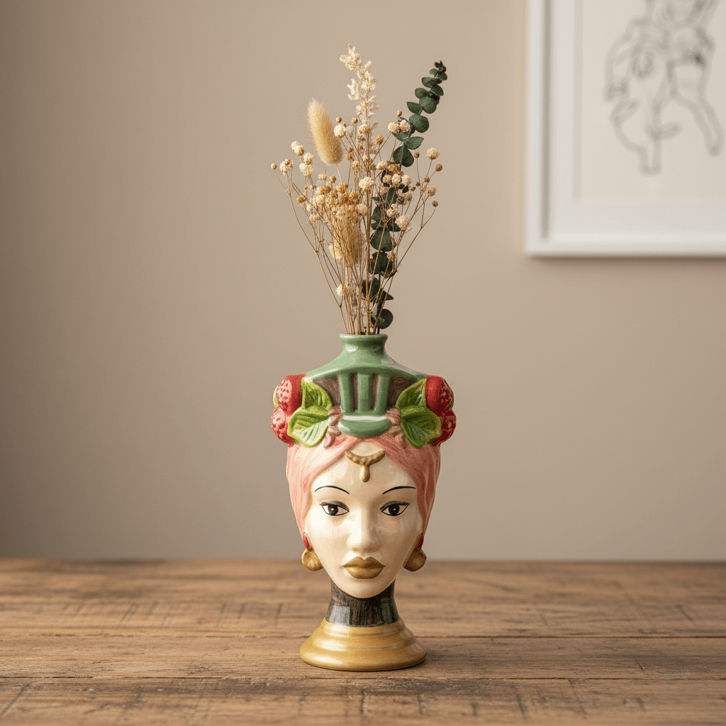 Frauenkopfvase, Dekovase aus Keramik, handbemalt, Frauenbüste, mehrfarbig, H 26 cm × Ø 14 cm × Öffnung Ø 2 cm – von EDG