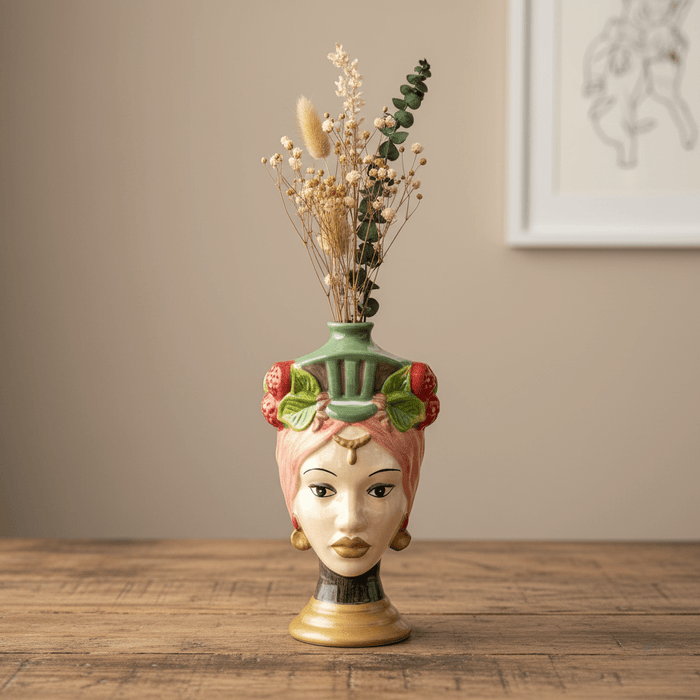 Frauenkopfvase, Dekovase aus Keramik, handbemalt, Frauenbüste, mehrfarbig, H 26 cm × Ø 14 cm × Öffnung Ø 2 cm, von EDG