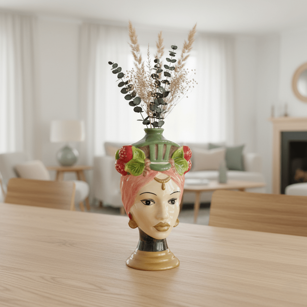 Frauenkopfvase, Dekovase aus Keramik, handbemalt, Frauenbüste, mehrfarbig, H 26 cm × Ø 14 cm × Öffnung Ø 2 cm – von EDG