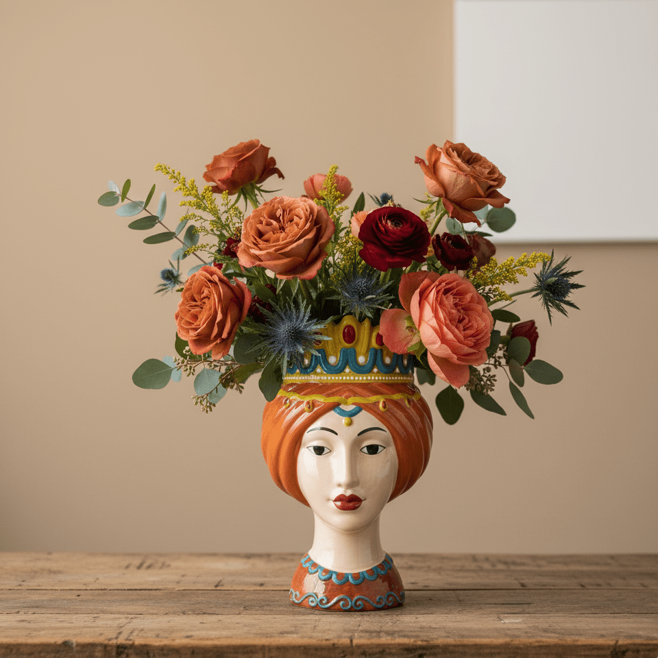 Frauenkopfvase, Dekovase aus Keramik handbemalt Frauenbüste Sizilien H 32cm x Ø 19cm | Carmella Vasen von EDG