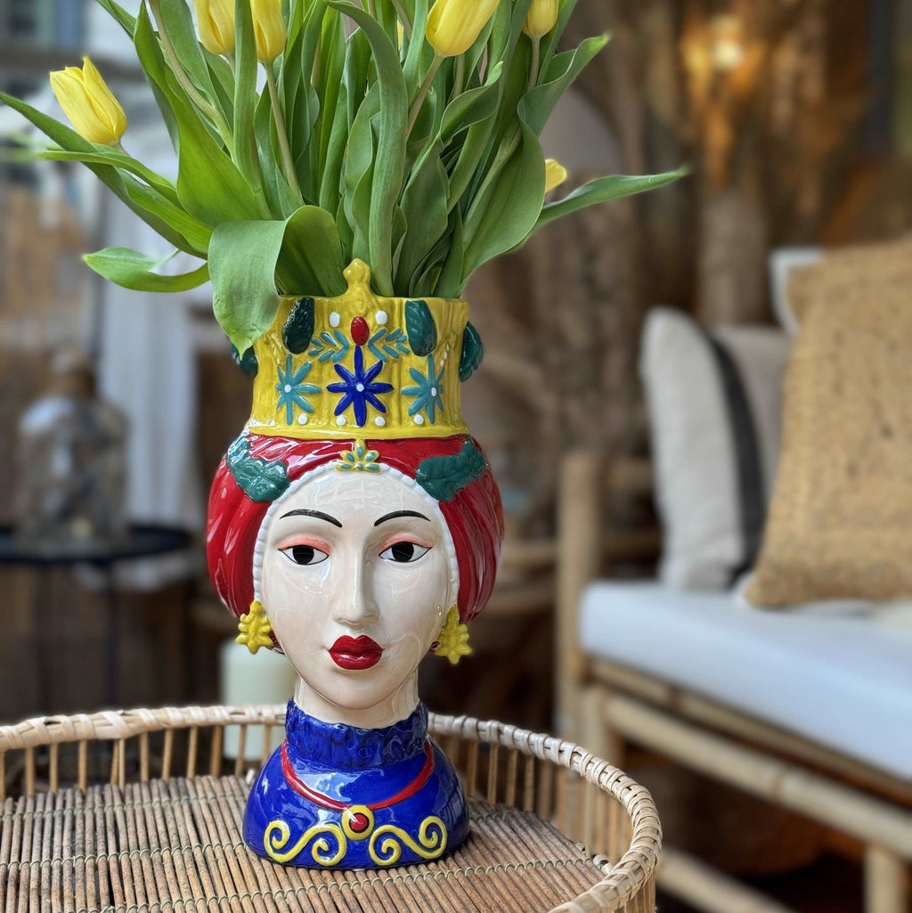 Frauenkopfvase, Dekovase aus Keramik handbemalt Frauenbüste Sizilien H 35cm x Ø 18cm | Lucia Vasen von EDG