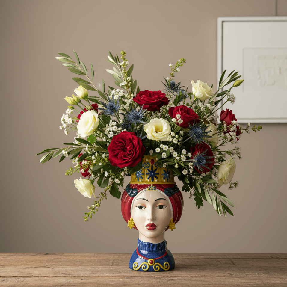 Frauenkopfvase, Dekovase aus Keramik handbemalt Frauenbüste Sizilien H 35cm x Ø 18cm | Lucia Vasen von EDG