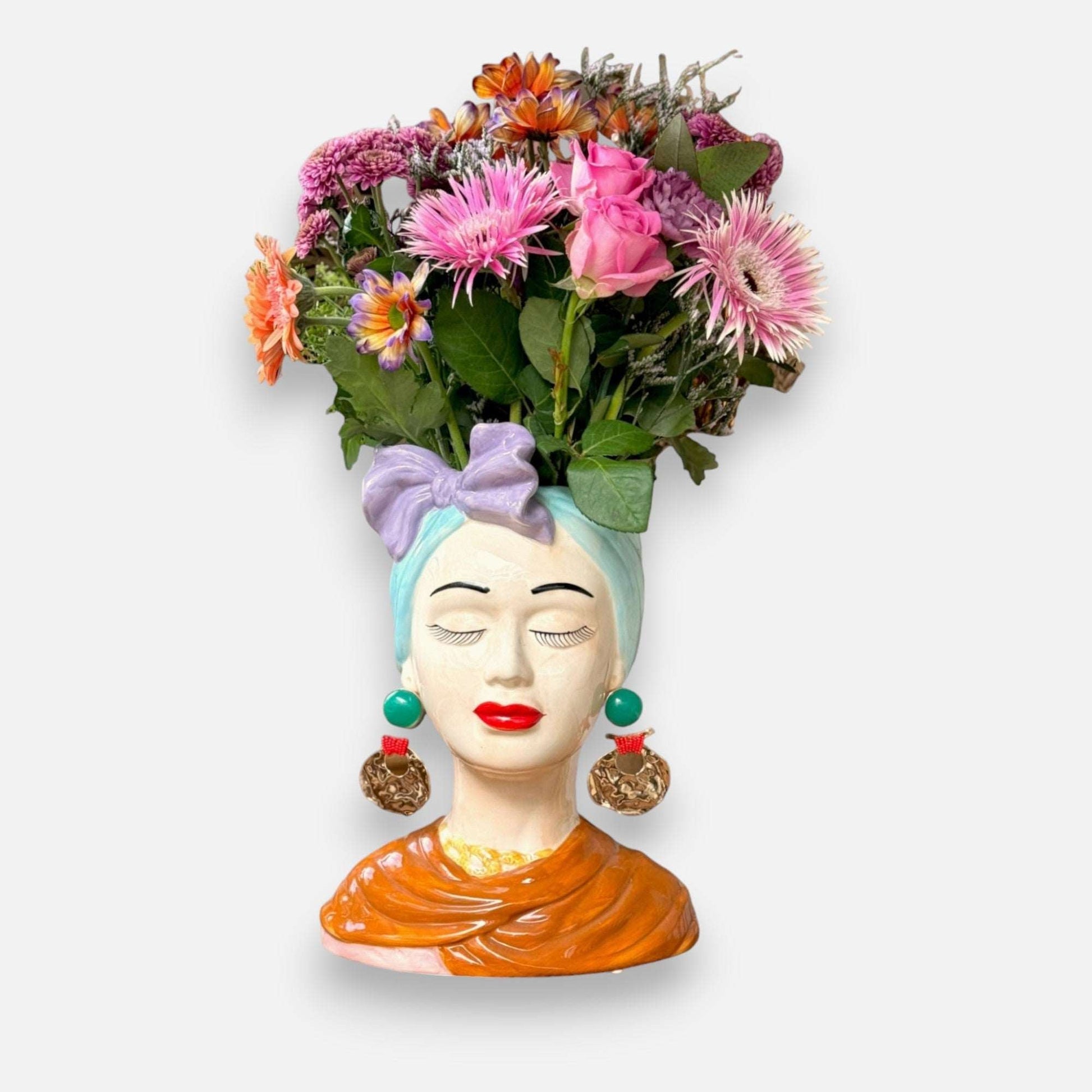 Frauenkopfvase, Dekovase aus Keramik, handbemalt, Frauenbüste, mehrfarbig, Peru-Stil, H 31 cm × Ø 22 cm × T 17 cm – von EDG