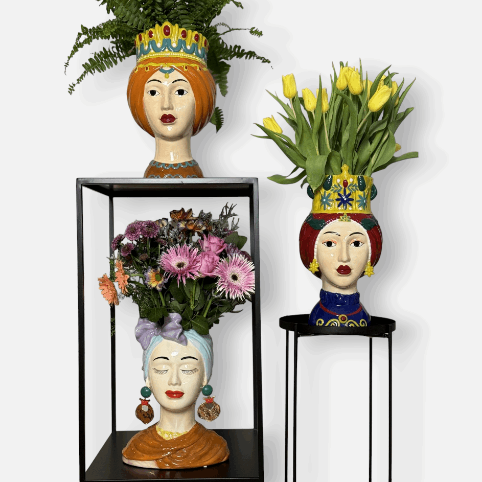Frauenkopfvase, Dekovase aus Keramik, handbemalt, Frauenbüste, mehrfarbig, Peru-Stil, H 31 cm × Ø 22 cm × T 17 cm – von EDG