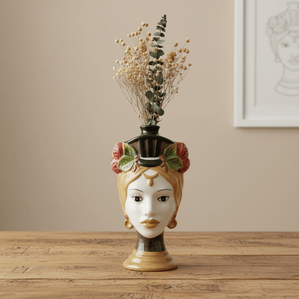 Frauenkopfvase, Dekovase aus Keramik handbemalt mehrfarbig H 26cm | Lachette Vasen von EDG