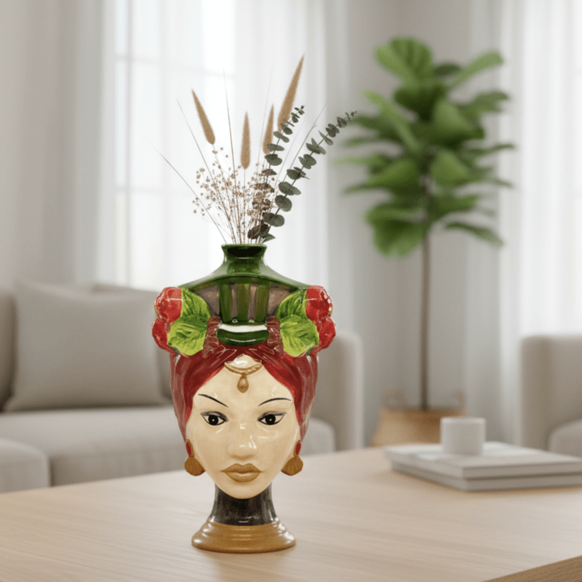 Frauenkopfvase, Dekovase aus Keramik handbemalte Frauenbüste H 26cm x Ø 14cm x Öffnung Ø 2cm | Atropelle Vasen von EDG
