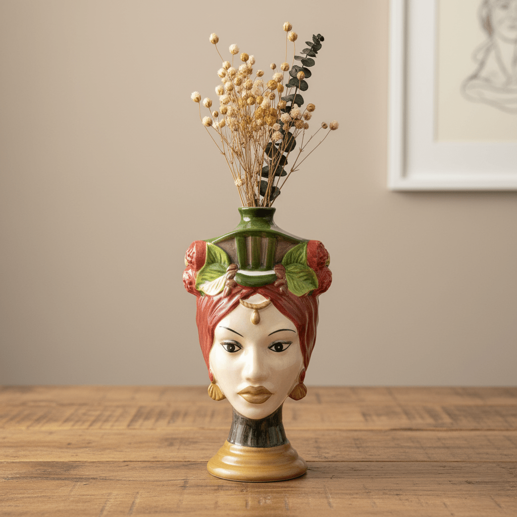 Frauenkopfvase, Dekovase aus Keramik handbemalte Frauenbüste H 26cm x Ø 14cm x Öffnung Ø 2cm | Atropelle Vasen von EDG