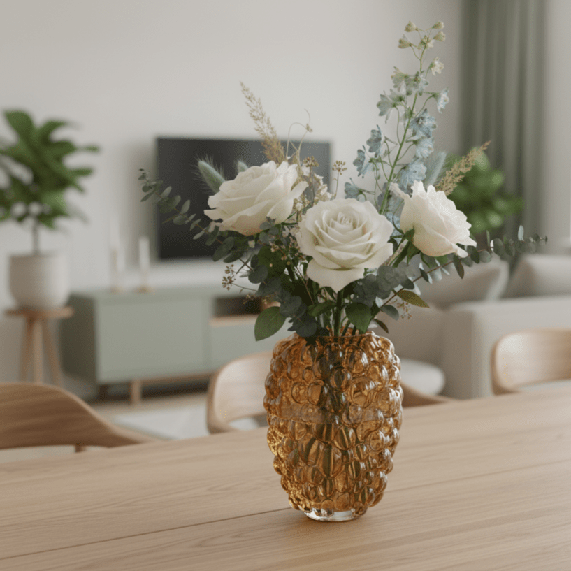 Glasvase, Dekovase aus Glas, bernsteinfarben braun, Blasenmuster, transparent, B 17 cm × H 24,5 cm – von Light & Living