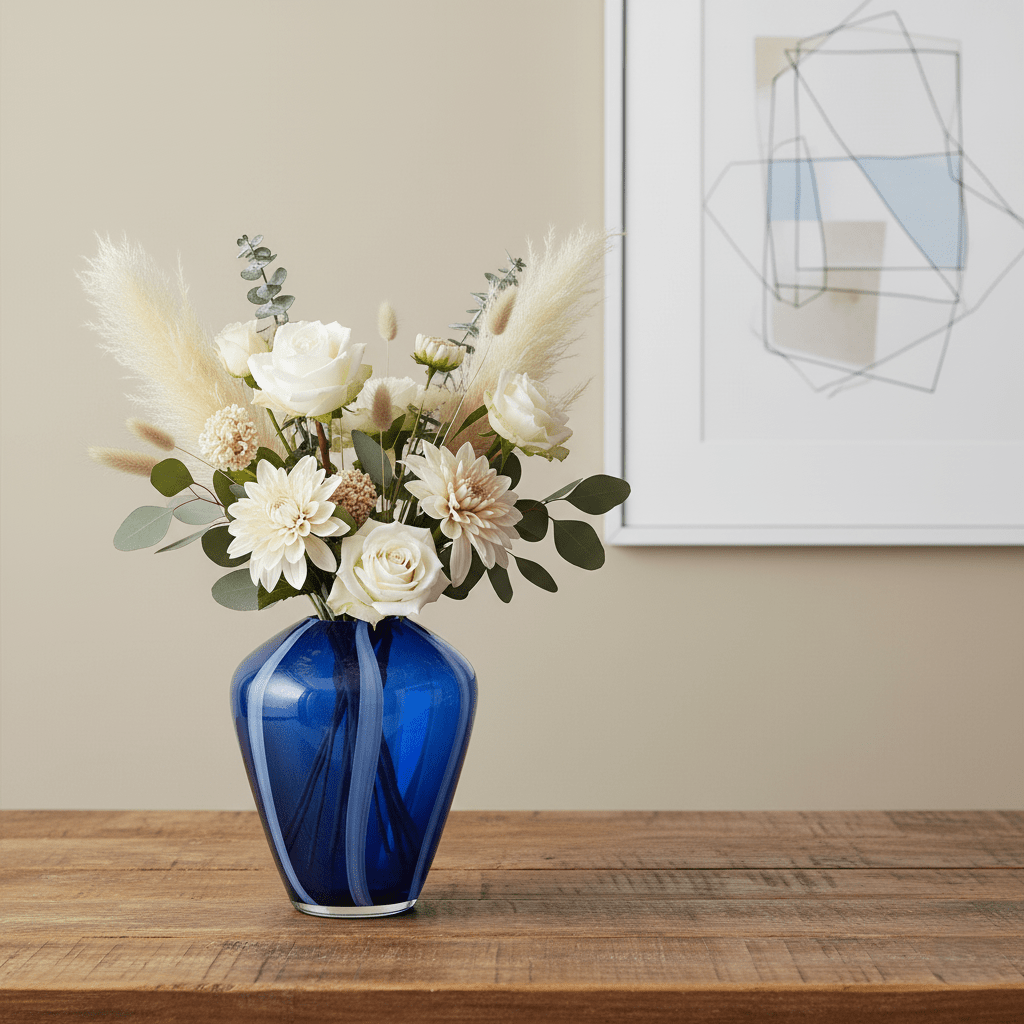Glasvase, Dekovase aus Glas handgemacht ovale Form blau weiss Ø 18cm x H 22.5cm | Azura Vasen von EDG