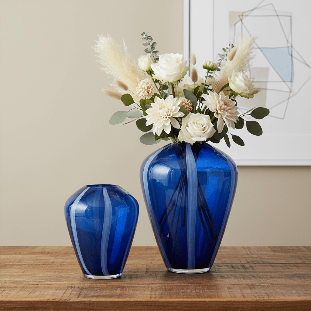 Glasvase, Dekovase aus Glas handgemacht ovale Form blau weiss Ø 24cm x H 31.5cm | Azura Vasen von EDG