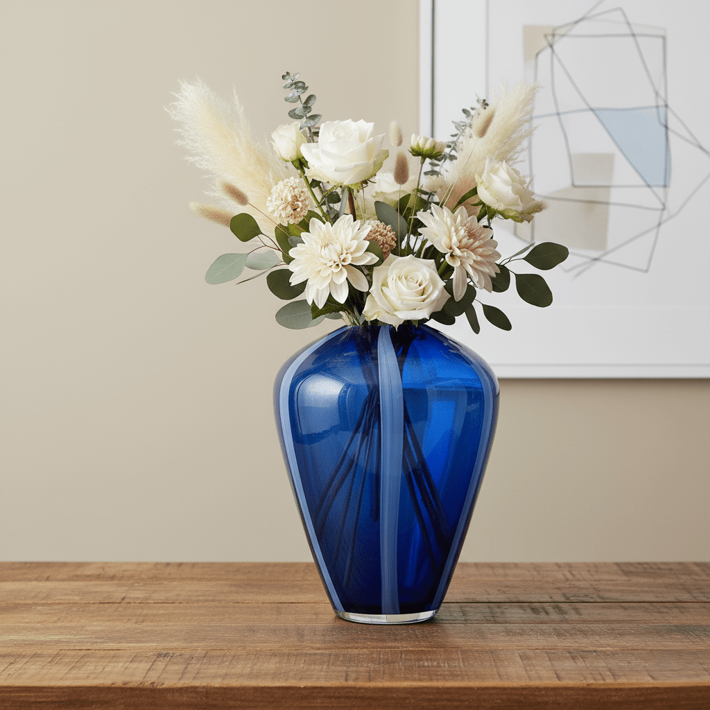 Glasvase, Dekovase aus Glas handgemacht ovale Form blau weiss Ø 24cm x H 31.5cm | Azura Vasen von EDG