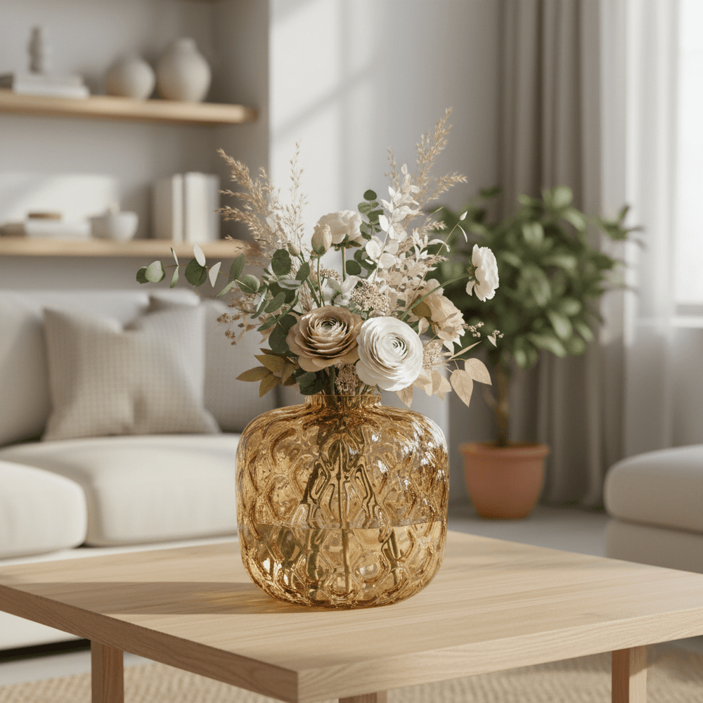 Glasvase, Dekovase aus Glas honigwabenartige Struktur gold braun Ø 27.5cm x H 25cm | Marlène Vasen von Light & Living