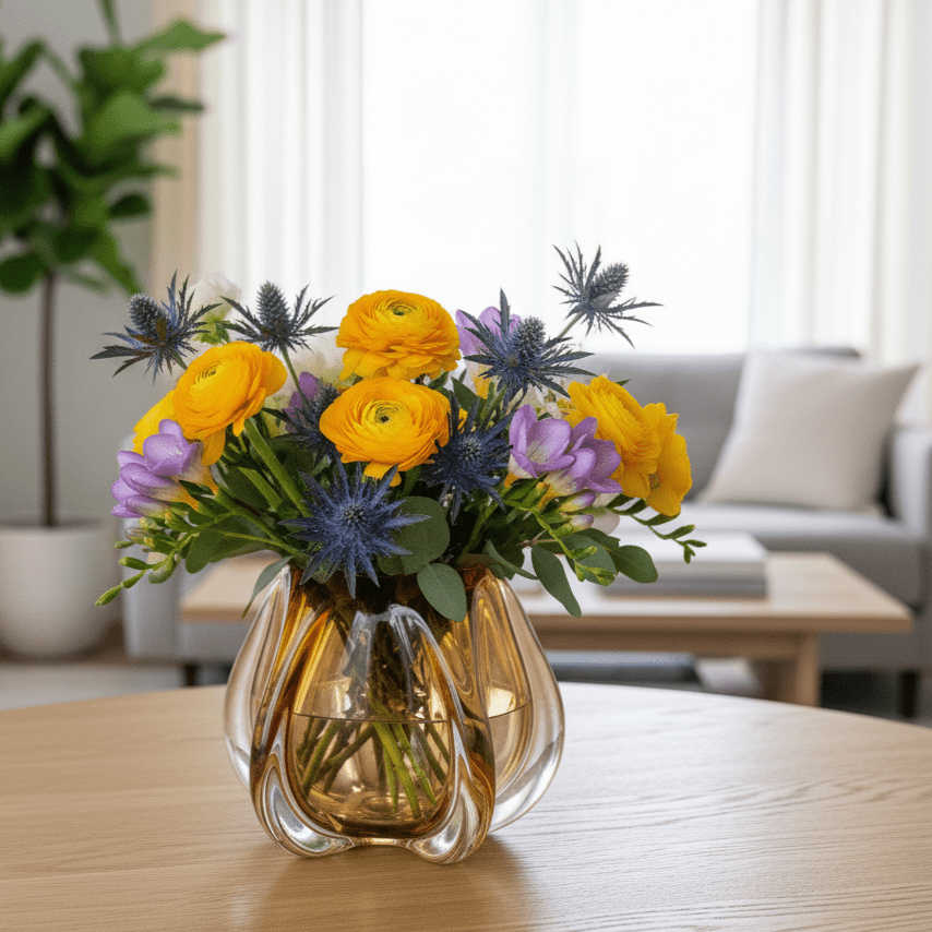 Glasvase, Dekovase aus Glas in Form einer Tulpenblüte gold braun kurz Ø 24.5cm x H 22cm | Murielle Vasen von Light & Living