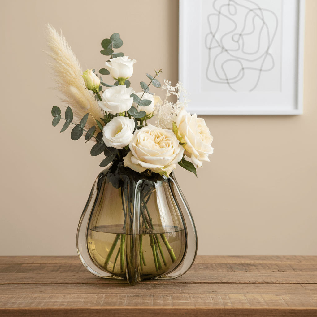 Glasvase, Dekovase aus Glas in Form einer Tulpenblüte olivgrün kurz Ø 24.5cm x H 22cm | Murielle Vasen von Light & Living