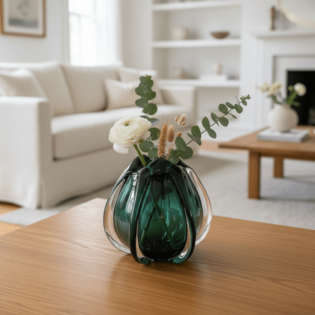 Glasvase, Dekovase aus Glas in Form einer Tulpenblüte türkis kurz Ø 24.5cm x H 22cm | Murielle Vasen von Light & Living