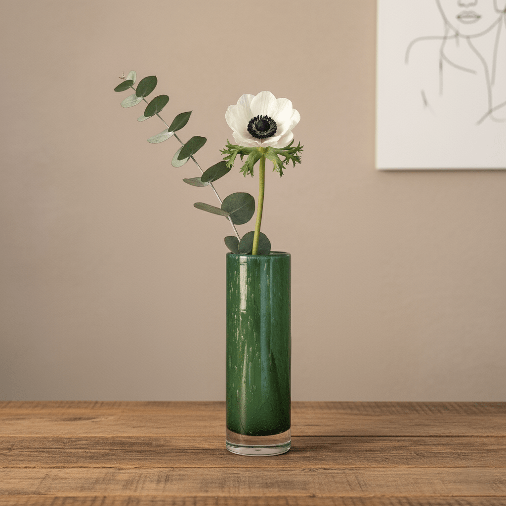 Glasvase, Dekovase aus Glas Luftbläschen smaragd grün schmal Zylinderform Ø 6.5cm x 20cm | Felice Vasen von Dekocandle