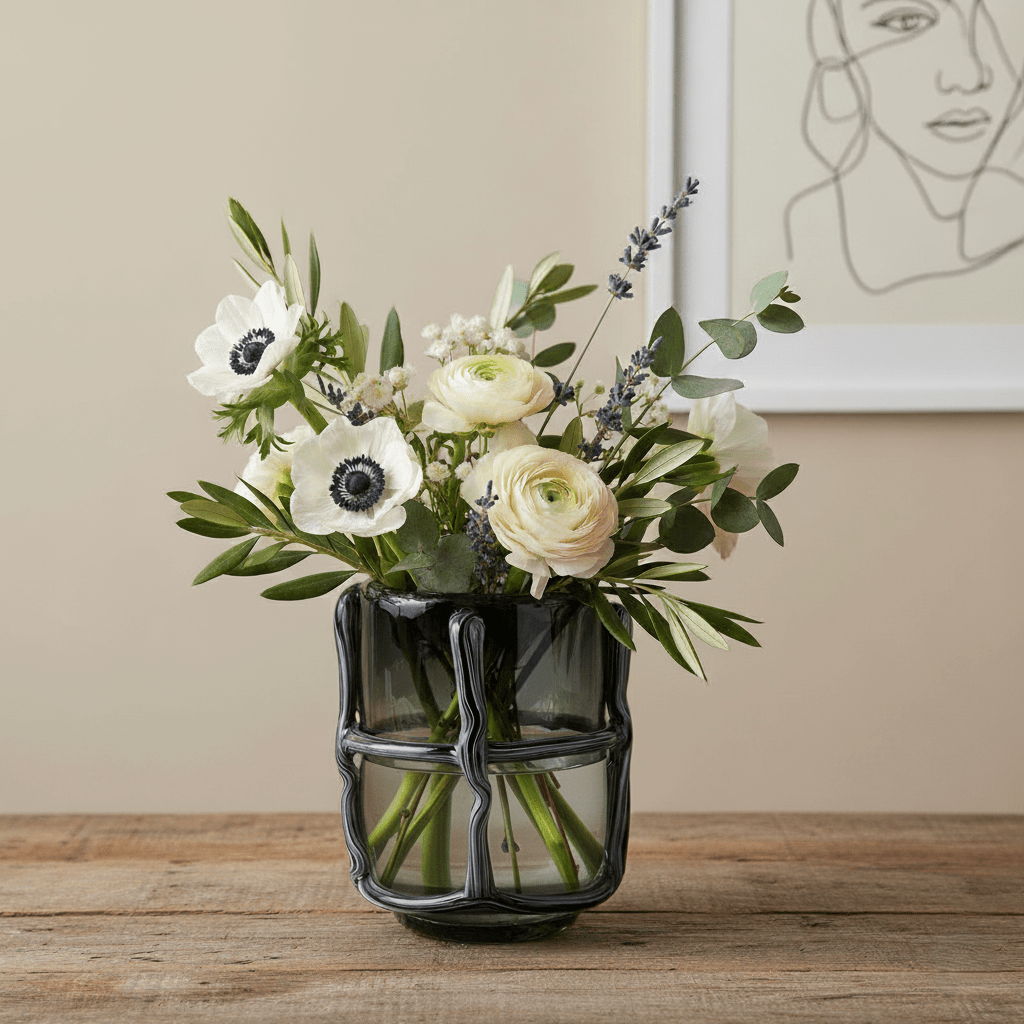 Glasvase, Dekovase aus Glas mit Karo Muster schwarz H 22cm x 19cm x 14cm | Noira Vasen von Light & Living