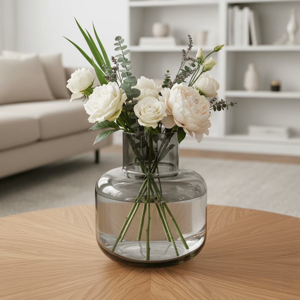 Glasvase, Dekovase aus mundgeblasenem Glas, grau transparent, Rauchton, Karaffenform, B 26 cm × H 33 cm – von Dekocandle