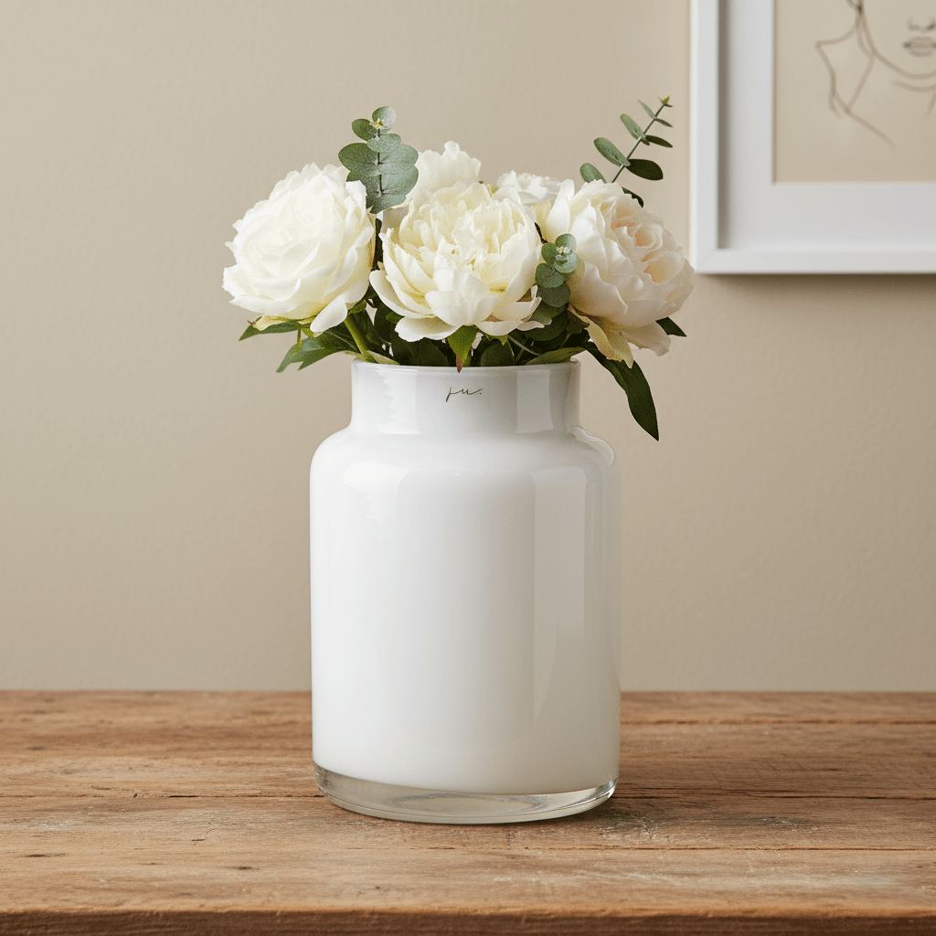 Glasvase, Dekovase aus Glas mundgeblasen weiss Zylinderform B 19.5cm x H 27cm | Frédéric Vasen von Ju.