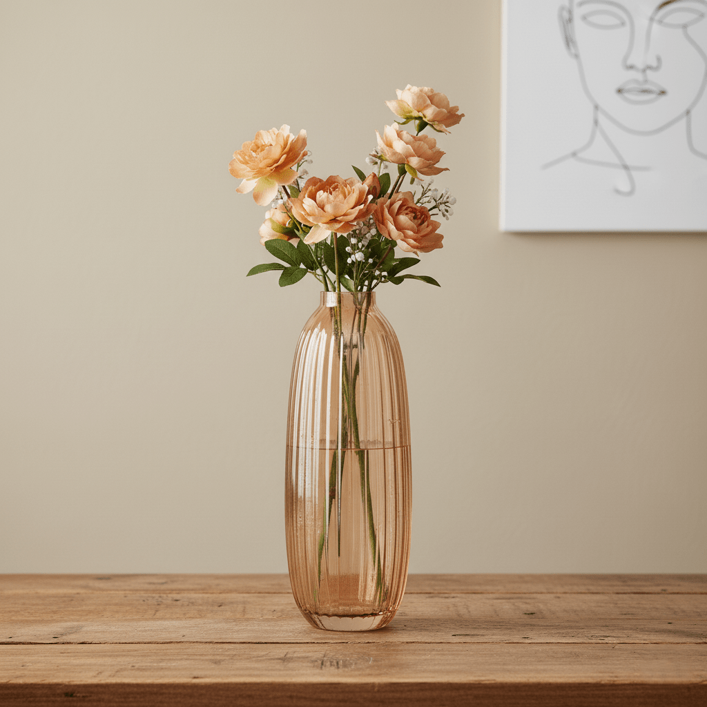 Glasvase, Dekovase aus Glas Rosa Lachs transparent Rillenmuster Ø 16cm x H 40cm | Raymonde Vasen von Parlane