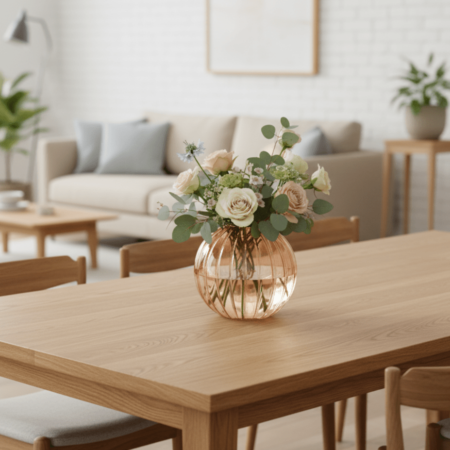 Glasvase, Dekovase aus Glas Rosa Lachs transparent Rillenmuster Ø 18cm x H 17 cm | Rondelle Vasen von Parlane