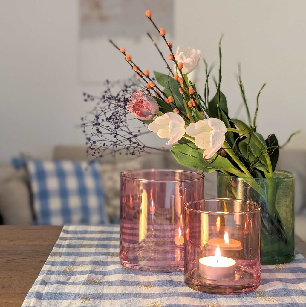 Glasvase, Dekovase aus Glas, Windlicht pink rosa transparent Zylinderform Ø 15cm x H 15cm | Caroline Vasen von Dekocandle