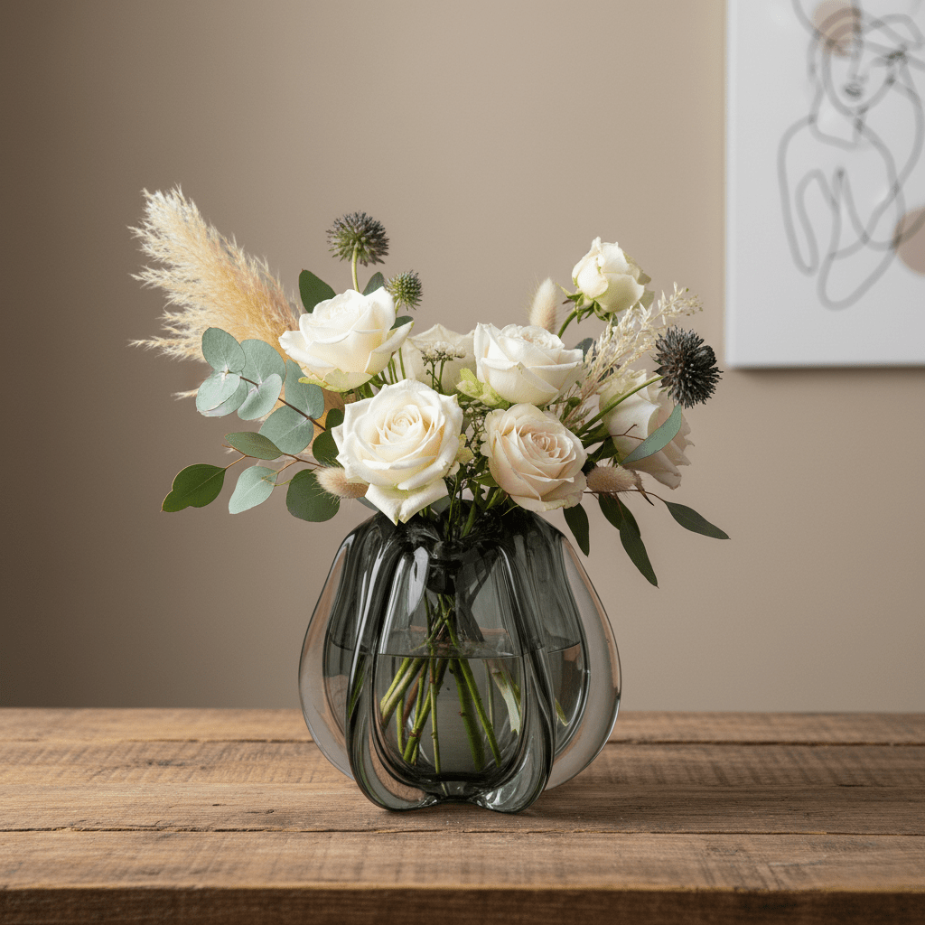 Glasvase, Dekovase Vase aus Glas in Form einer Tulpenblüte schwarz kurz Ø 24.5cm x H 22cm | Murielle Vasen von Light & Living