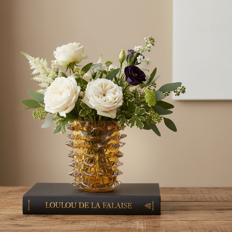 Glasvase mit Stacheln mundgeblasen bernsteinbraun mit Kiwano Stachelmuster Ø 21cm x H 23cm | Kiwano Vasen von Rasteli