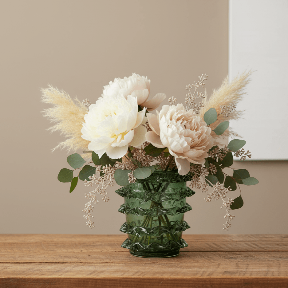 Glasvase mit Stacheln mundgeblasen grün mit Kiwano Stachelmuster Ø 21cm x H 23cm | Kiwano Vasen von EDG