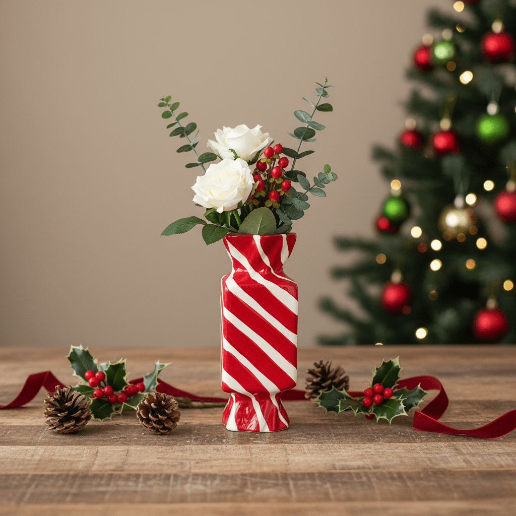 Handbemalte Vase aus Keramik in Bonbon - Form Rot Weiss, H 25cm, Weihnachtsvase Deko Vasen von Duif