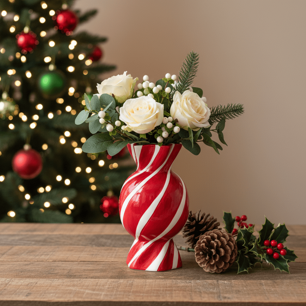 Handbemalte Vase aus Keramik in Bonbon - Form Rot - Weiss, H 25cm, Weihnachtsvase Deko Vasen von Duif