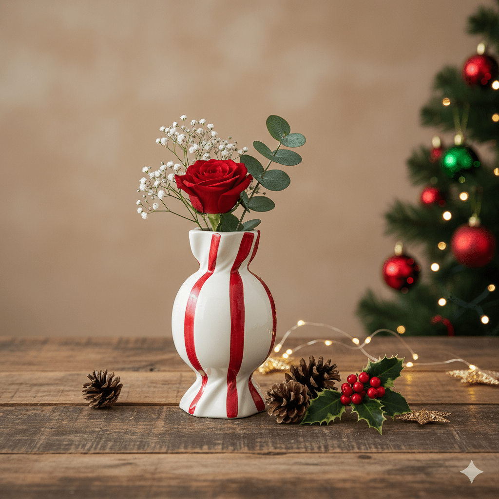 Handbemalte Vase aus Keramik in Bonbon - Form Weiss - Rot, H 20cm, Weihnachtsvase Deko Vasen von Duif