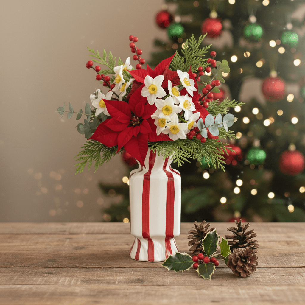 Handbemalte Vase aus Keramik in Bonbon - Form Weiss Rot, H 20cm, Weihnachtsvase Deko Vasen von Duif