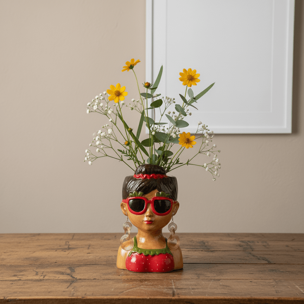 Handbemalte Vase aus Keramik mit Frauenkopf-Motiv, H 23.5cm, Deko Gesichtsvase Vasen von Duif