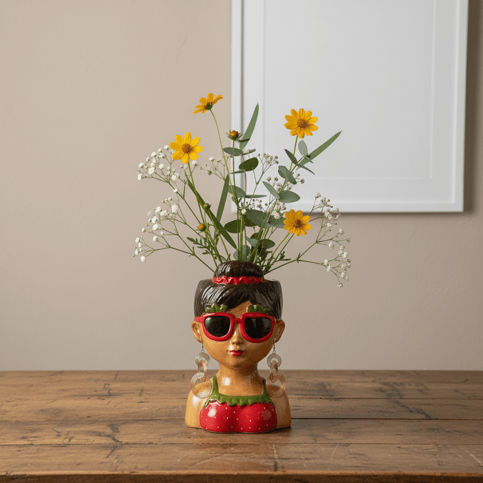 Handbemalte Vase aus Keramik mit Frauenkopf-Motiv, H 23.5cm, Deko Gesichtsvase Vasen von Duif