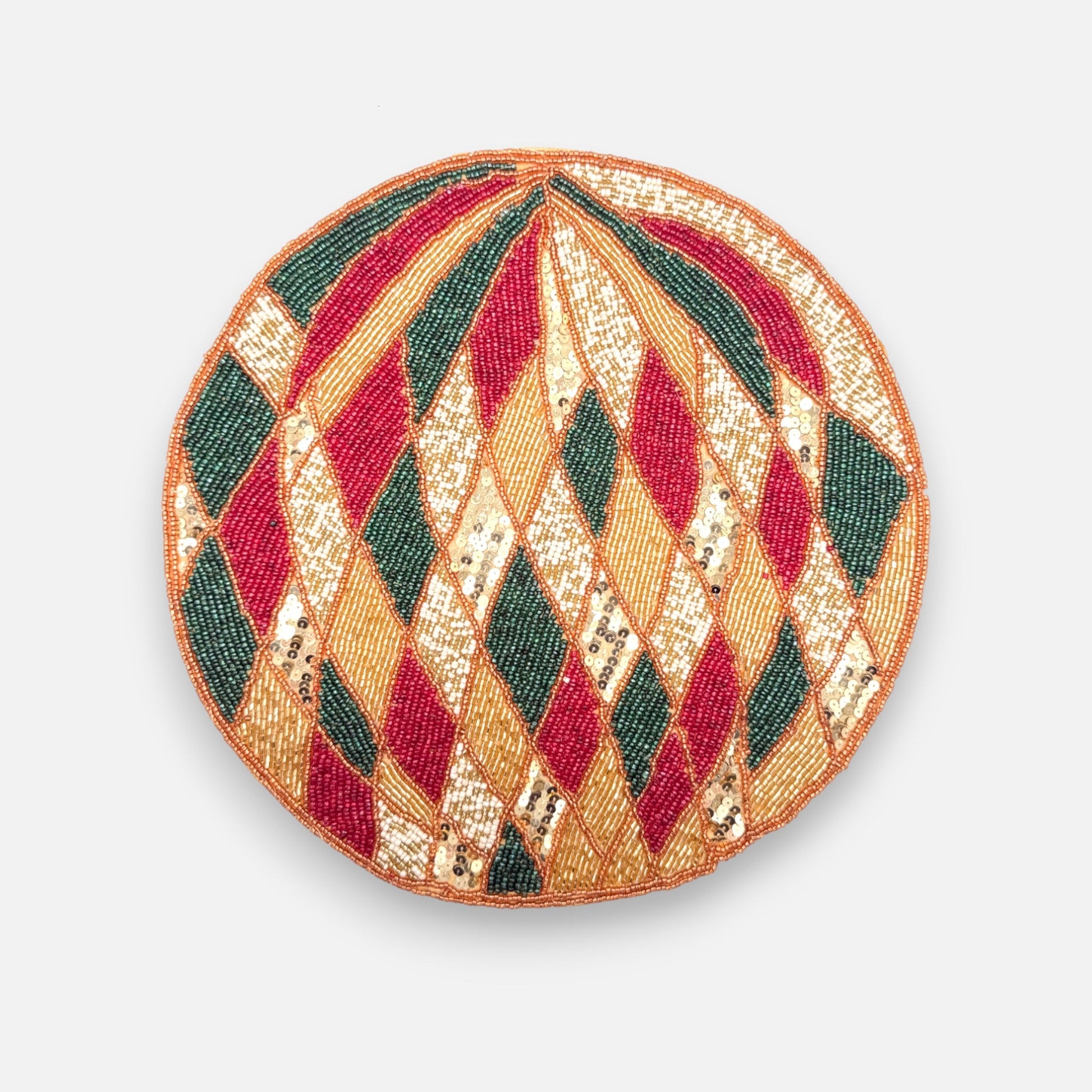 handbesticktes Tischset aus Perlen mit Rautenmuster Rot Grün Gold, Ø 36cm, Weihnachten Dekoration von EDG