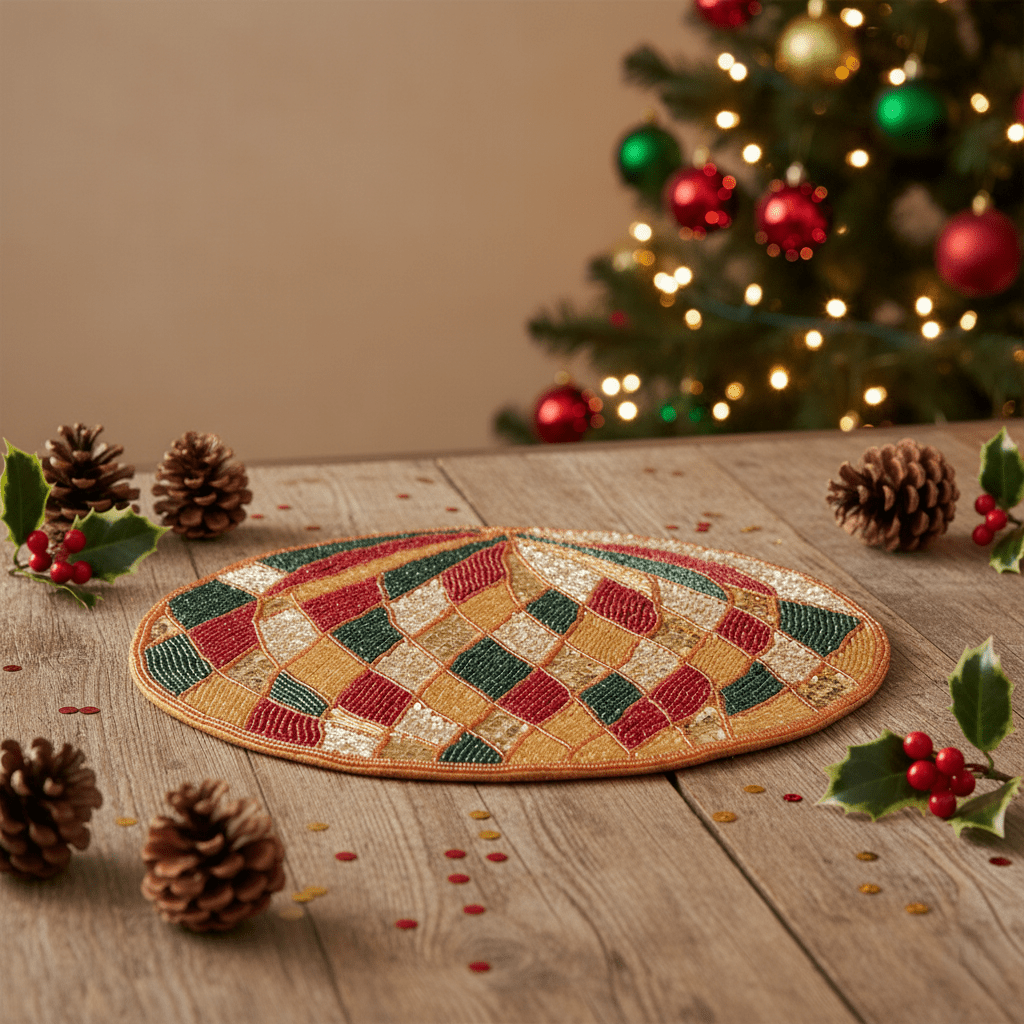 handbesticktes Tischset aus Perlen mit Rautenmuster Rot Grün Gold, Ø 36cm, Weihnachten Dekoration von EDG