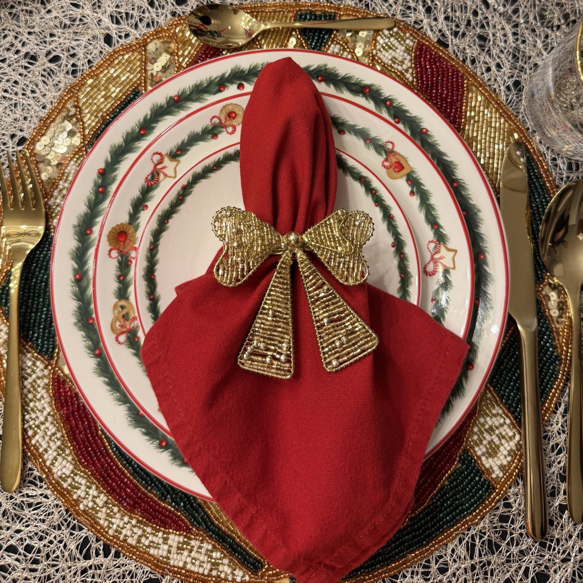 handbesticktes Tischset aus Perlen mit Rautenmuster Rot Grün Gold, Ø 36cm, Weihnachten Dekoration von EDG
