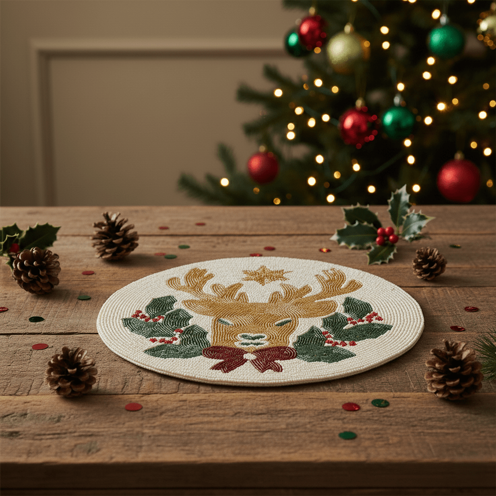 handbesticktes Tischset aus Perlen mit Renntier - Motiv, Ø 36cm, Weihnachten Dekoration von EDG