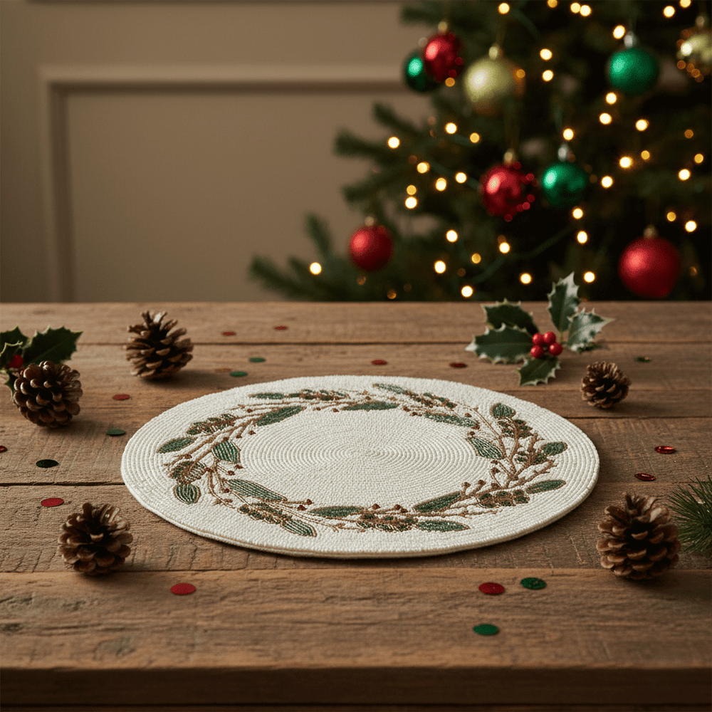 Handbesticktes Tischset aus Perlen mit Stechpalmen-Motiv, Ø 36cm, Weihnachten Dekoration von EDG