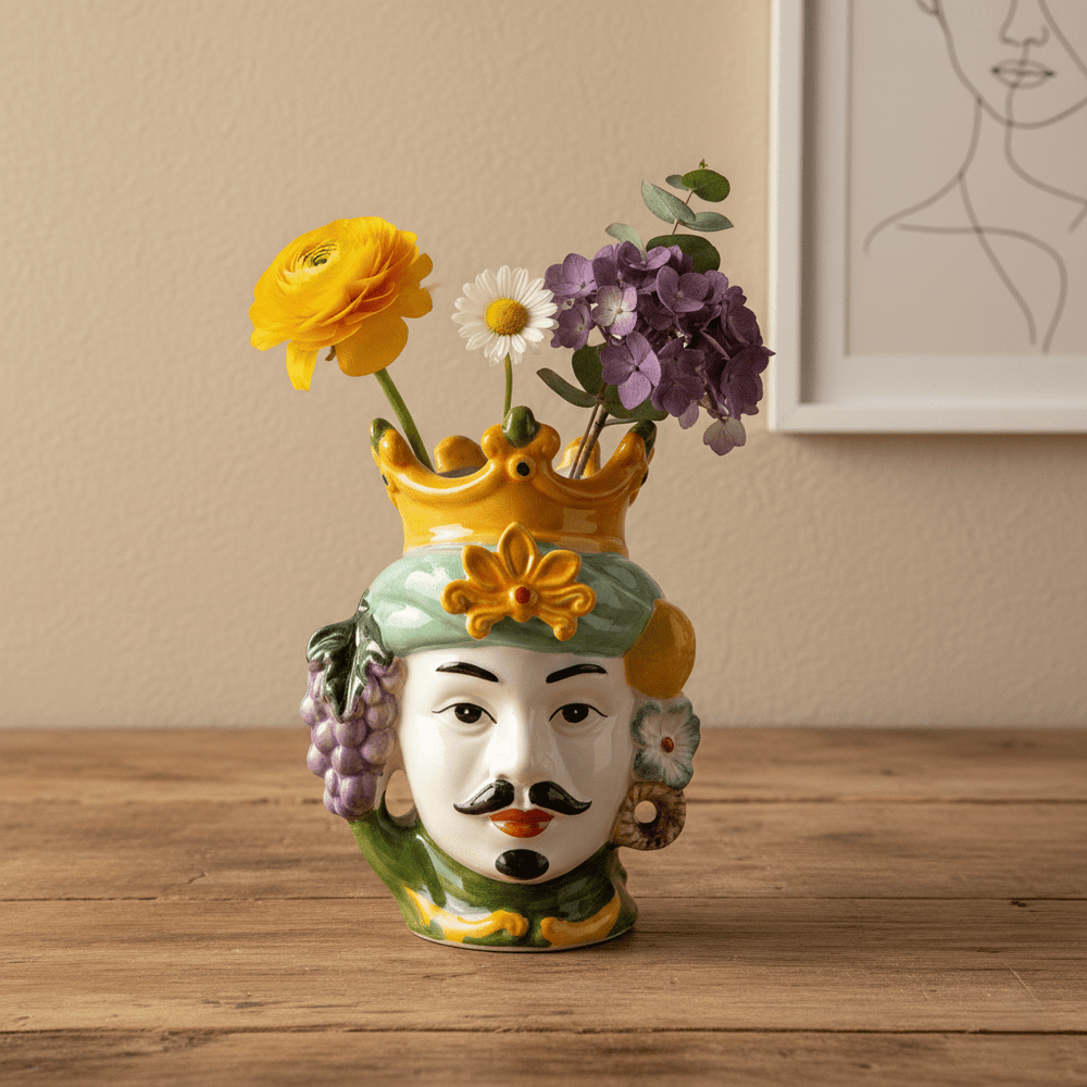 Herrenkopfvase, Dekovase aus Keramik handbemalt Herrenbüste mehrfarbig H 17.5cm x Ø 13cm | Lui Vasen von EDG